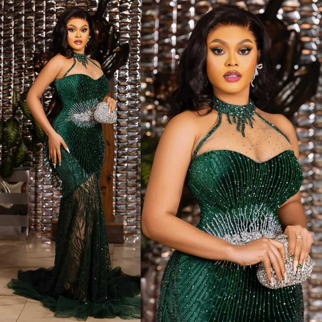 2024 Africano Prom Mermaid Mulheres Black Hunter Vestidos de noite verde de plus size vestidos formais de renda para OCNs especiais Segundo vestido de recepção AM531 407