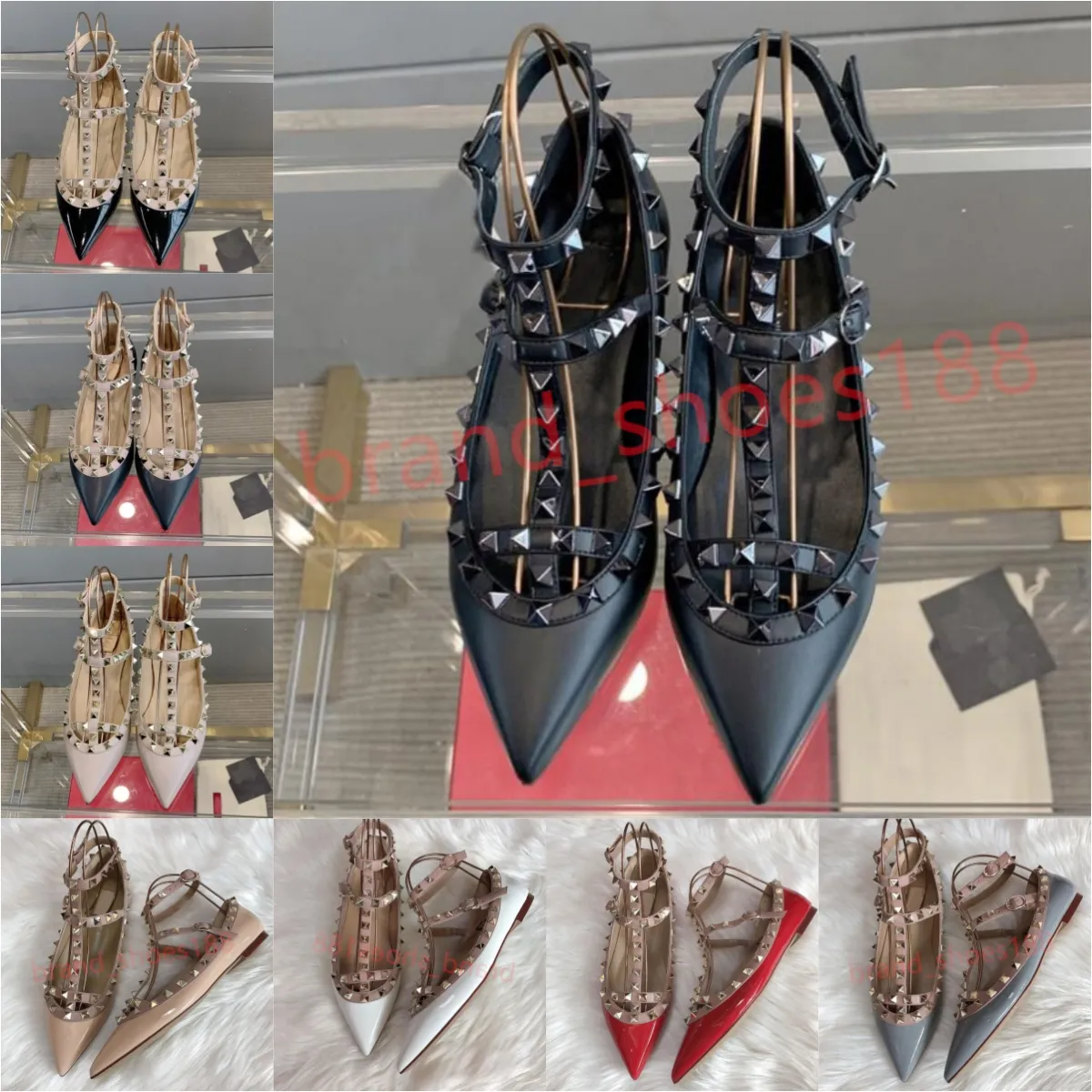 chaussures de designer été femmes sandale bout pointu 2 sangles goujons plat luxe en cuir verni rivets chaussures habillées à lanières noir blanc sandales nues femmes de créateurs célèbres