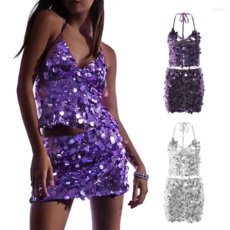 Survêtements pour femmes Femmes Summer Sparkling Paillettes Discothèque Outfit Set 2pcs Halter Dos Nu Sans Manches Crop Top Et Mini Jupe Moulante