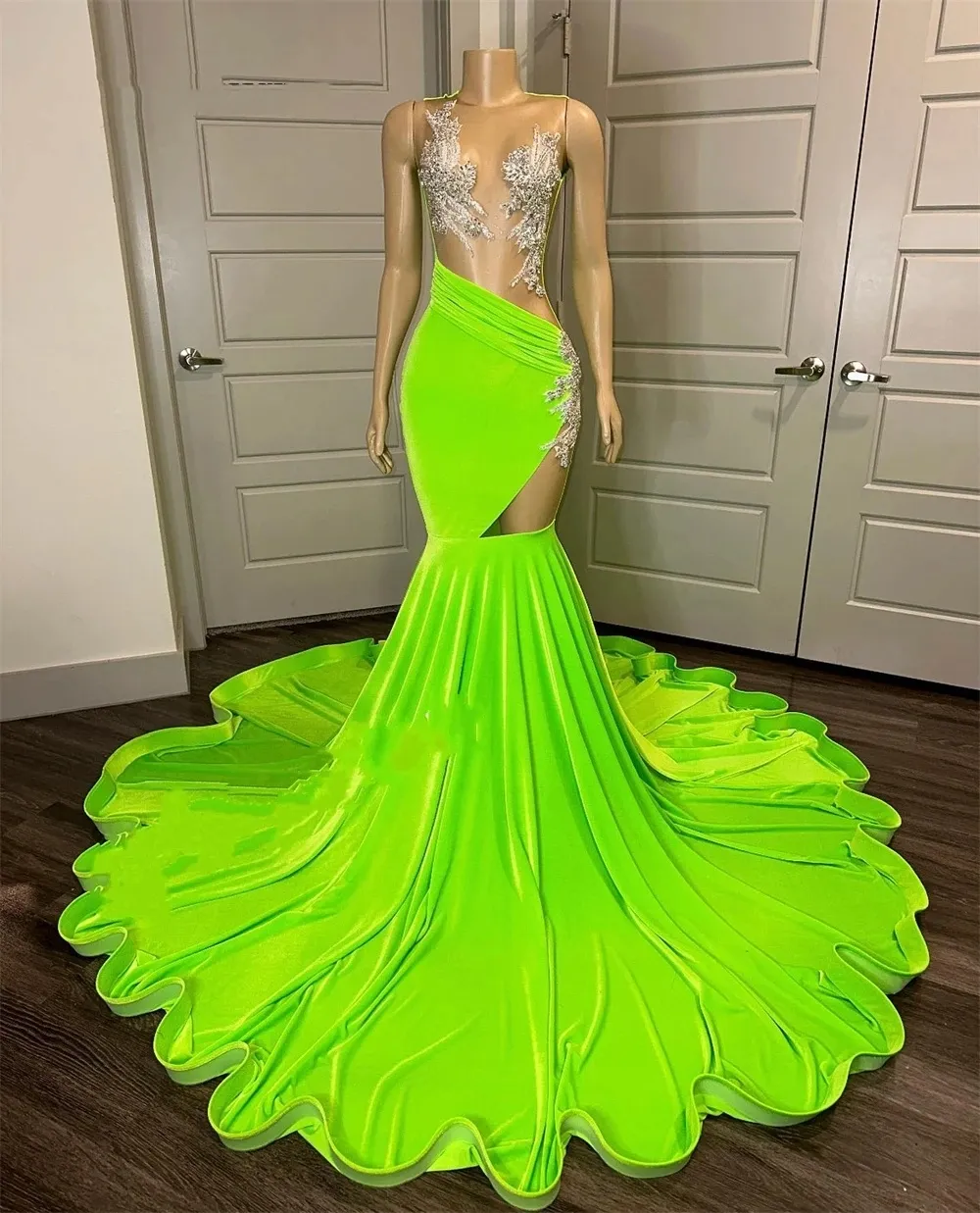 Зеленое атласное платье русалки для выпускного вечера 2024 для черных девочек, прозрачное платье больших размеров для торжественного вечера, дня рождения, Mal Mal Mal Mal