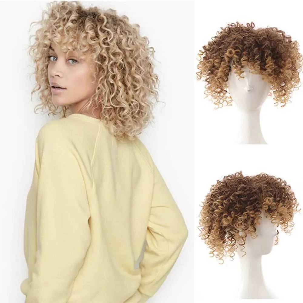 Syntetiska peruker Kort syntetiskt hår Twisted Curl Wig With Black Female African For Woman Fake Fringe Hairpiece Wig Clip in Hair 240329