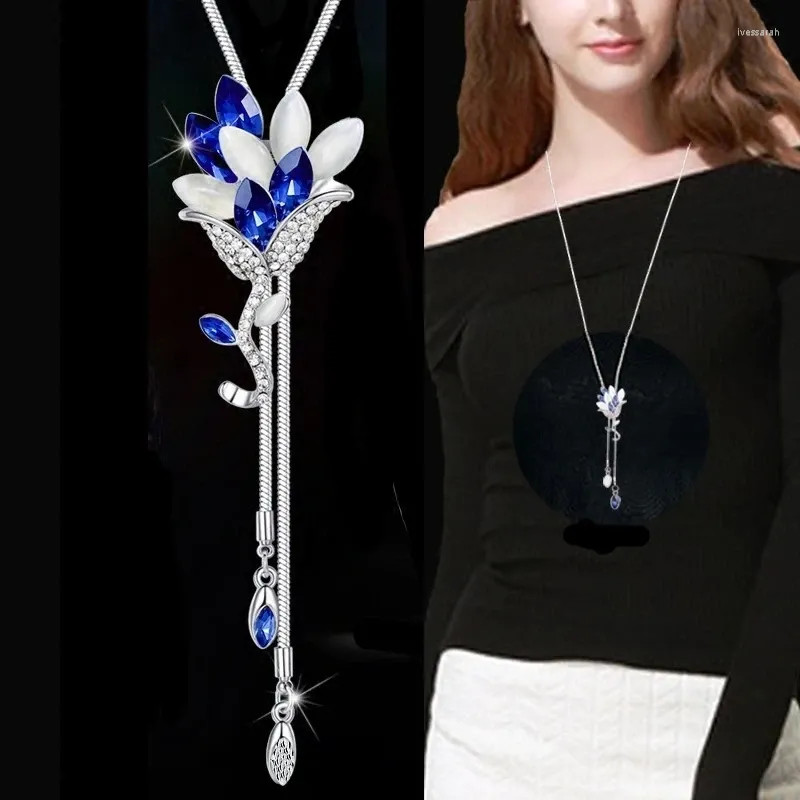 펜던트 목걸이 Meyfflin Collier Femme Flower Crystal Long Pendants Vintage Chain Opal Leaf Maxi Necklace Fashion Jewelry