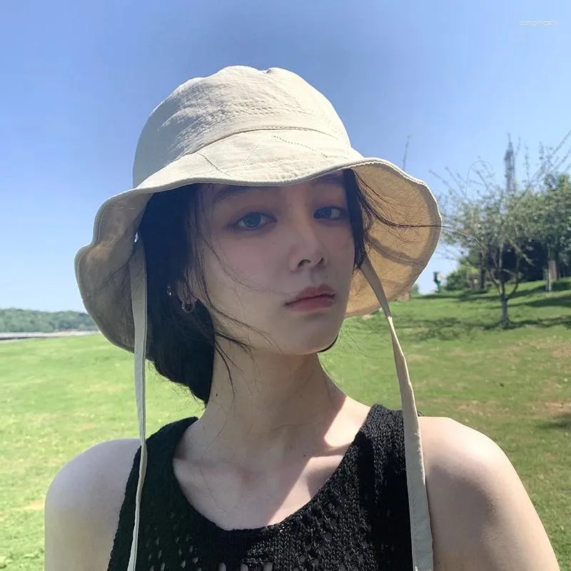 Beralar Korean Ins Dantel-up Drawstring Balıkçı Şapkası Kadın Blogger Hafif Rüzgar Çekme Halat Güneş Kovası