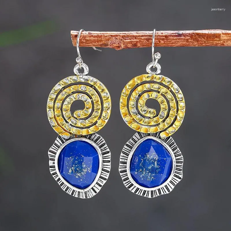 Kolczyki Dangle Vintage puste spirala niebieska kropla naturalnego kamienia dla kobiet Tybetański styl etniczny lapis lazuli kolczyki plemienne prezenty biżuterii