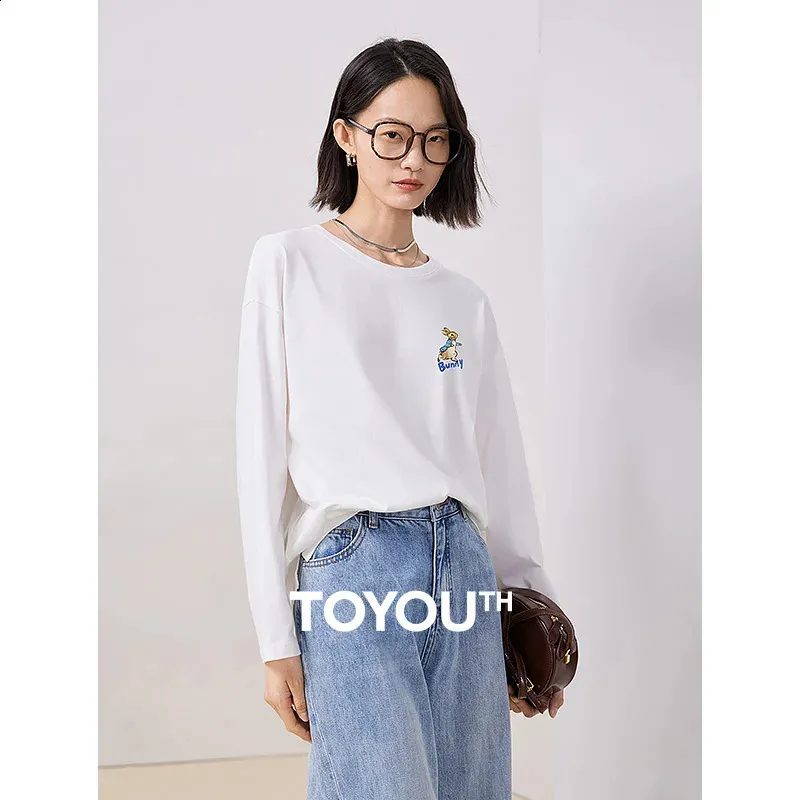 Toyouth Mujeres Camisetas Otoño Manga larga Cuello redondo Camiseta suelta Lindo Conejo Estampado 100% Algodón Casual Todo fósforo Tops básicos 240311