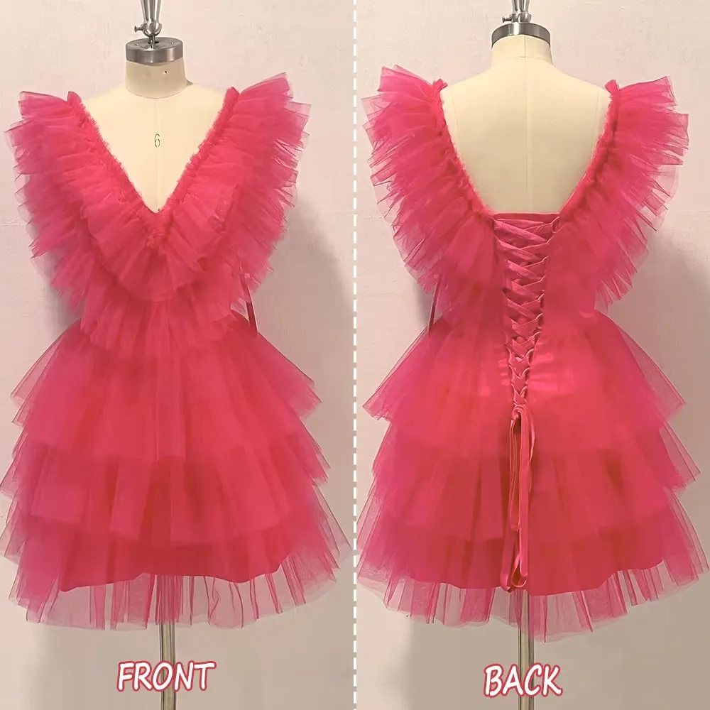 Kurzes, abgestuftes, tiefes V-Ausschnitt-Abiballkleid aus Tüll, Rüschen, Ballkleid, Schnürung, Abschlusskleid, Party, Abschlussball, formelles Kleid Hc09