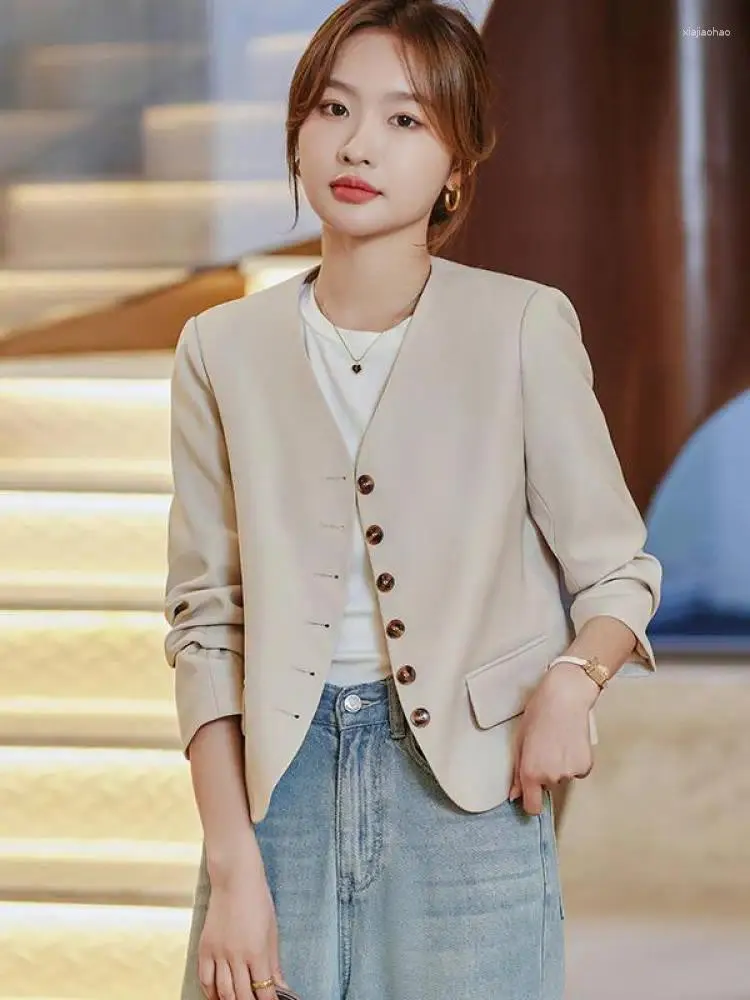 Costumes pour femmes Femmes Mode Beige Blazer Coréen Simple Col V Automne Bureau Lady Brown Élégant Costume Manteau Casual Manches Longues Tops Noirs