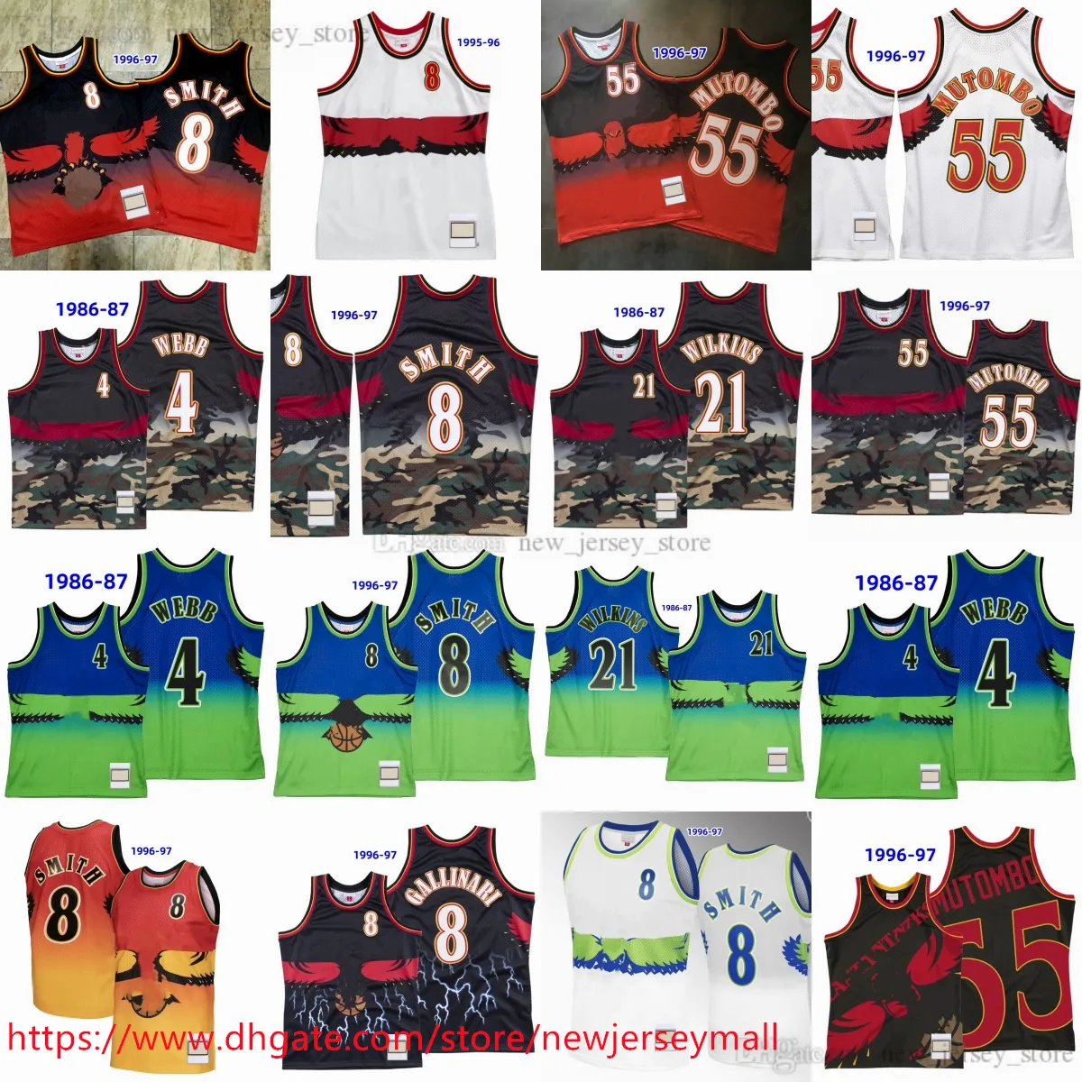 Aangepaste XS-6XL Klassiek Retro 1996-97 Digitale print Basketbal 55 Dikembe Mutombo Jersey Vintage 8 Steve Smith 4 Spud Webb Jerseys Ademend Sport Heren Dames Jeugd Kinderen