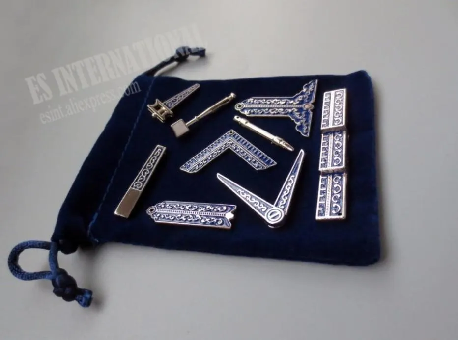 Set di 9 diversi strumenti di lavoro massonici blu Distintivo con borsa in velluto Mason mason Regali per muratore in miniatura 2011254966767