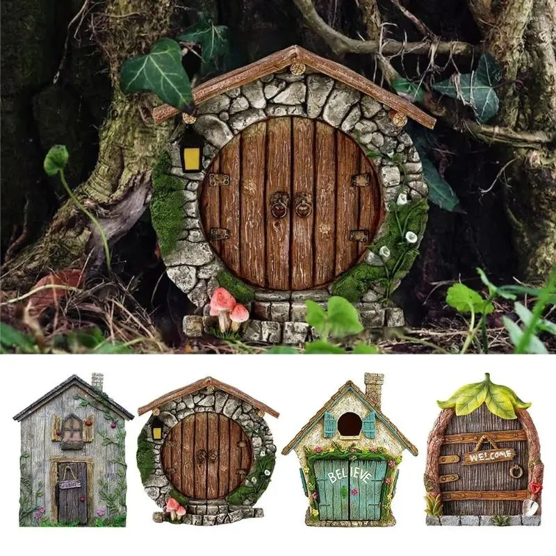 Decorative Figurines Engraved Design Wooden Miniature Fairy Gnome Door Windows Lawn Ornament Garden Decoration Outdoor Kid Gift