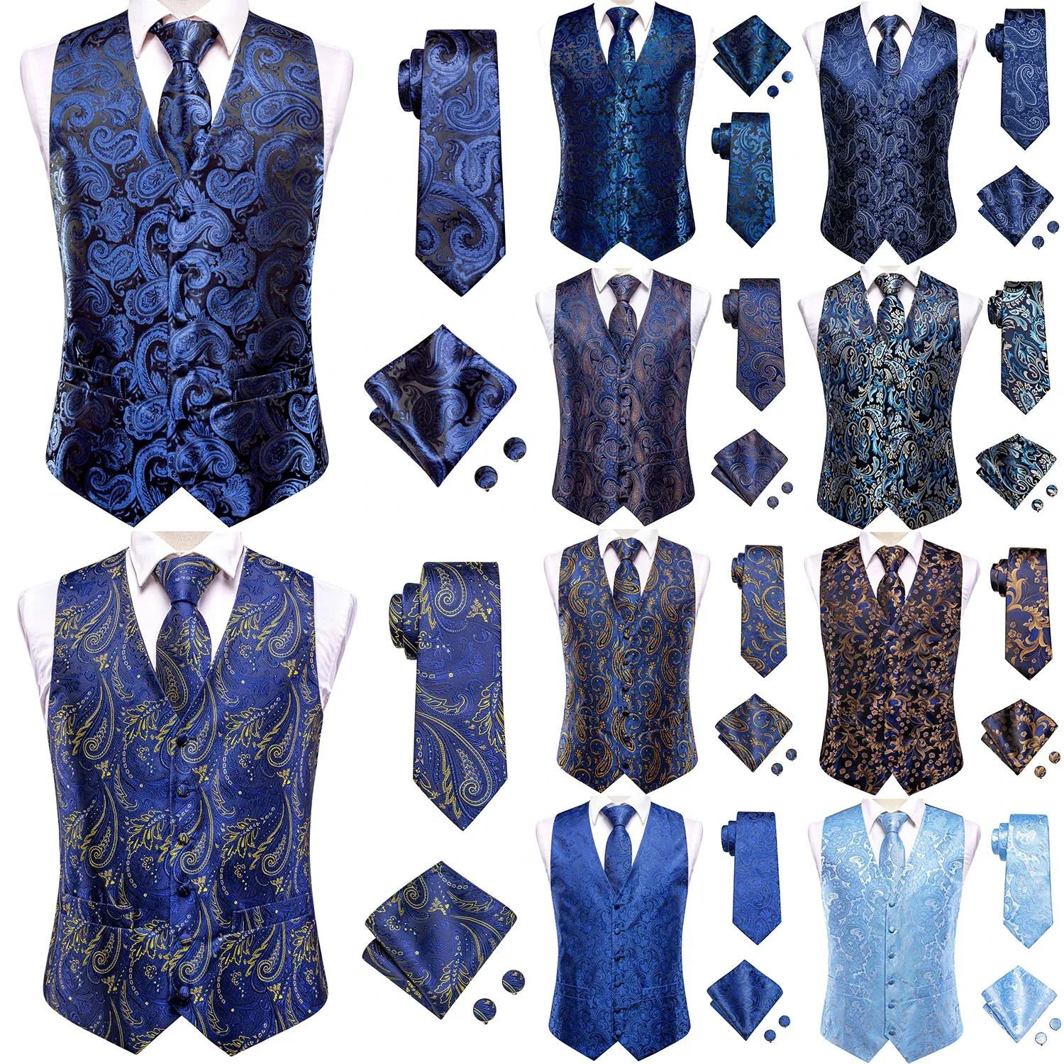 ベストAcqua Sky Navy Royal Blue Silk Mens WISTCOAT TIE SET SEABLESS JACKET VEST NECKTIE HANKY CUFFLINKSウェディングビジネス特大