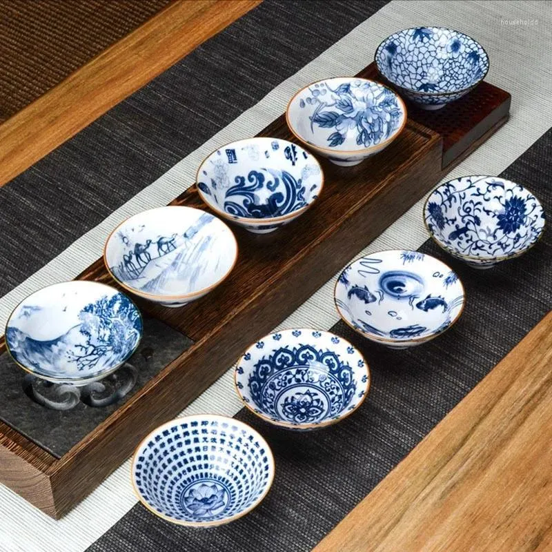 Teetassen, 1 Stück, chinesisches blaues und weißes Porzellan, Teetasse, Reise-Keramikschale, Anti-Skalierung, handbemalte Kegeltasse, Meditationsset