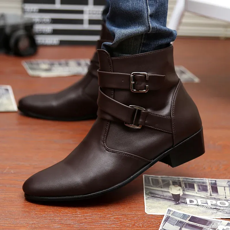 Boots Spring New Heels Brown Men Ankle Boots Pointed Zipper Men's Leather Boots Brand Chelsea Boots Man Plus Size 3947 botas de cuero