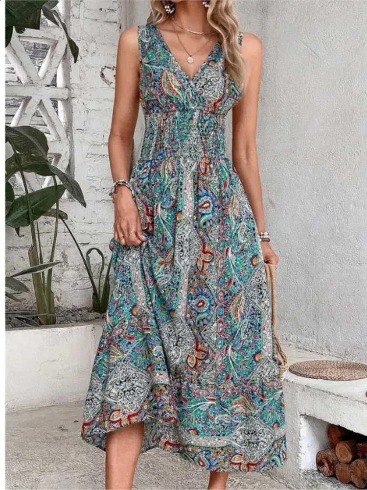 Boho Print Sleeveless Beach Party maxi dress for Women Elegant and Casual Holiday Robe Femme