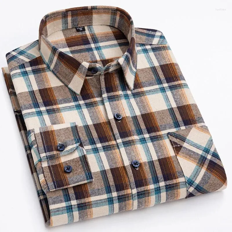 Camisas casuais masculinas algodão ajuste padrão manga longa camisa verificada único remendo bolso botão-para baixo colarinho confortável guingão