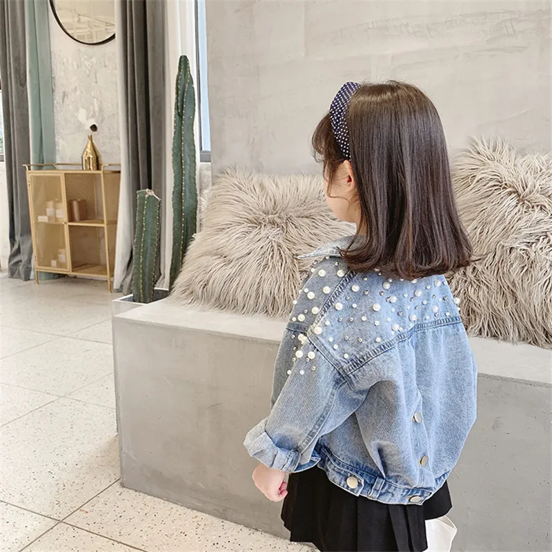 Fashion girls beaded denim jacket INS kids lapel long sleeve cowboy outwear children casual coat S1213