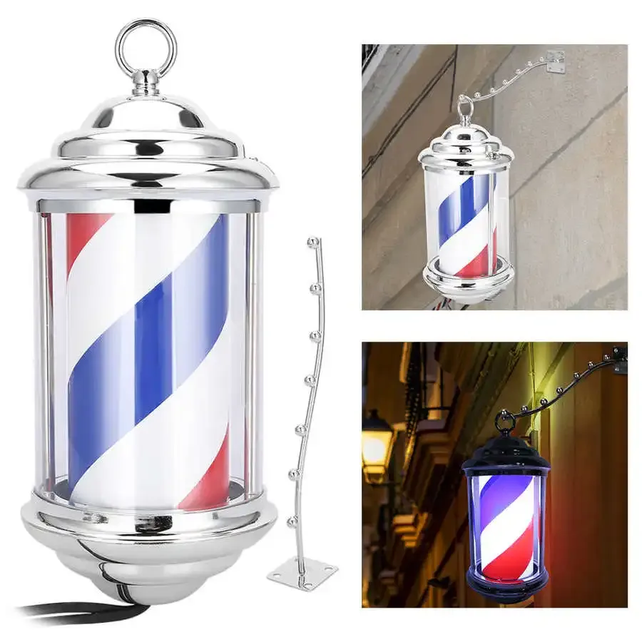 Verktyg 28 cm Barber Shop Pole Roterande belysning Röd vit blå rand Roterande ljusband Skylt Hårvägg hängande LED -lampor