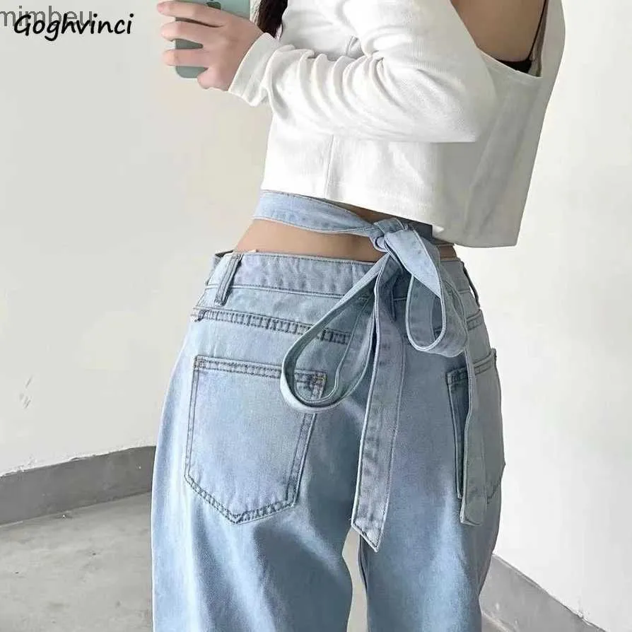 Women's Jeans Jeans Women Bandage Chic Solid Vintage Loose Straight High Waist Sashes Sexy Mopping Denim Trousers Hip Hop Streetwear KoreanC24318
