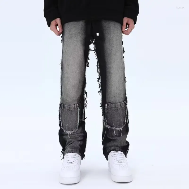 Jeans masculinos hip hop angustiado calças de perna larga homens queimados denim esfregando calças masculino vintage solto casual japonês streetwear b174