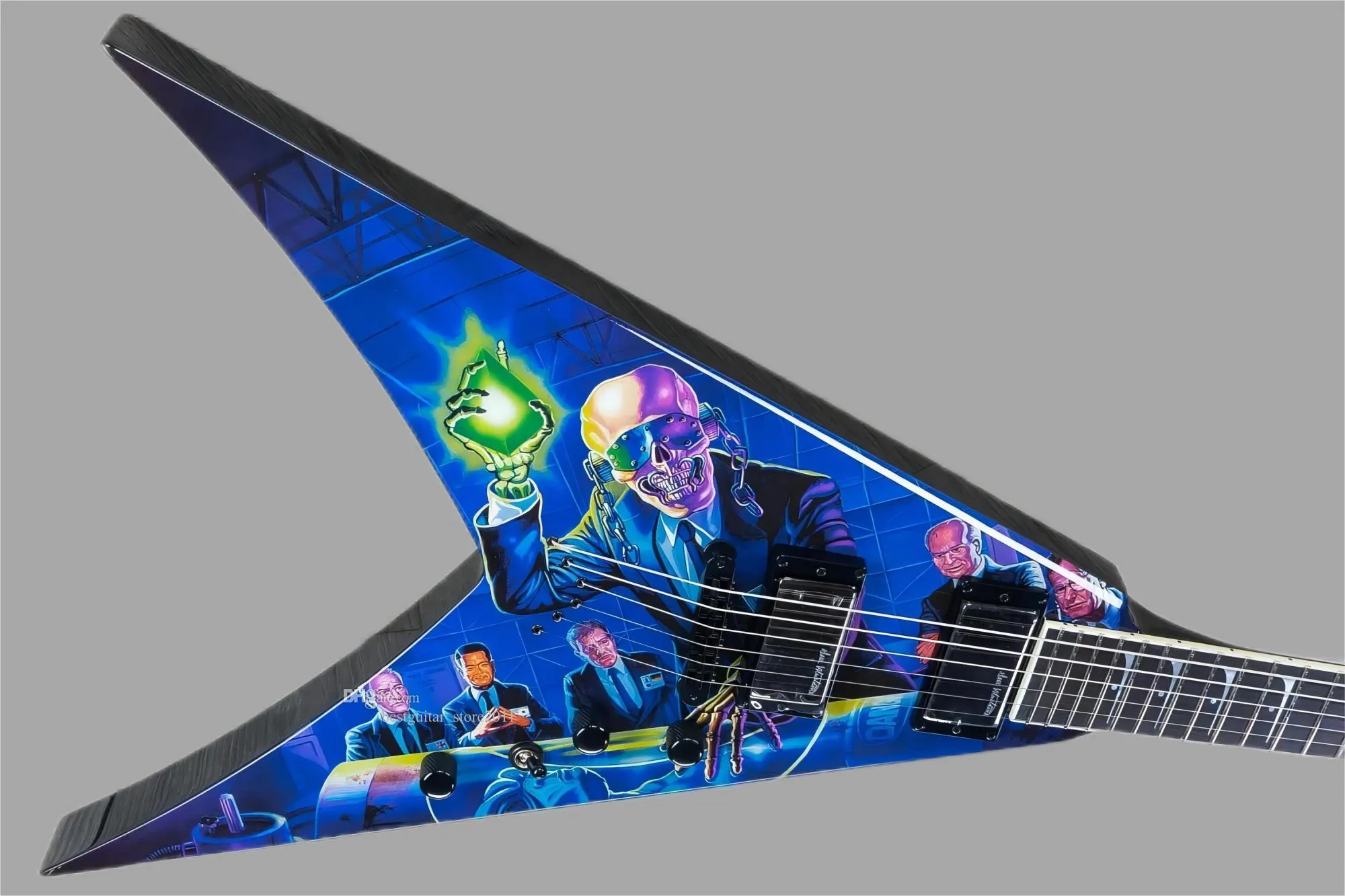 맞춤 상점 Dave Mustaine Rust in Peace Blue Flying V 전기 기타 수공예 페인트, 액티브 픽업 9V 배터리 상자, 검은 색 하드웨어, 상어 지느러미 인레이
