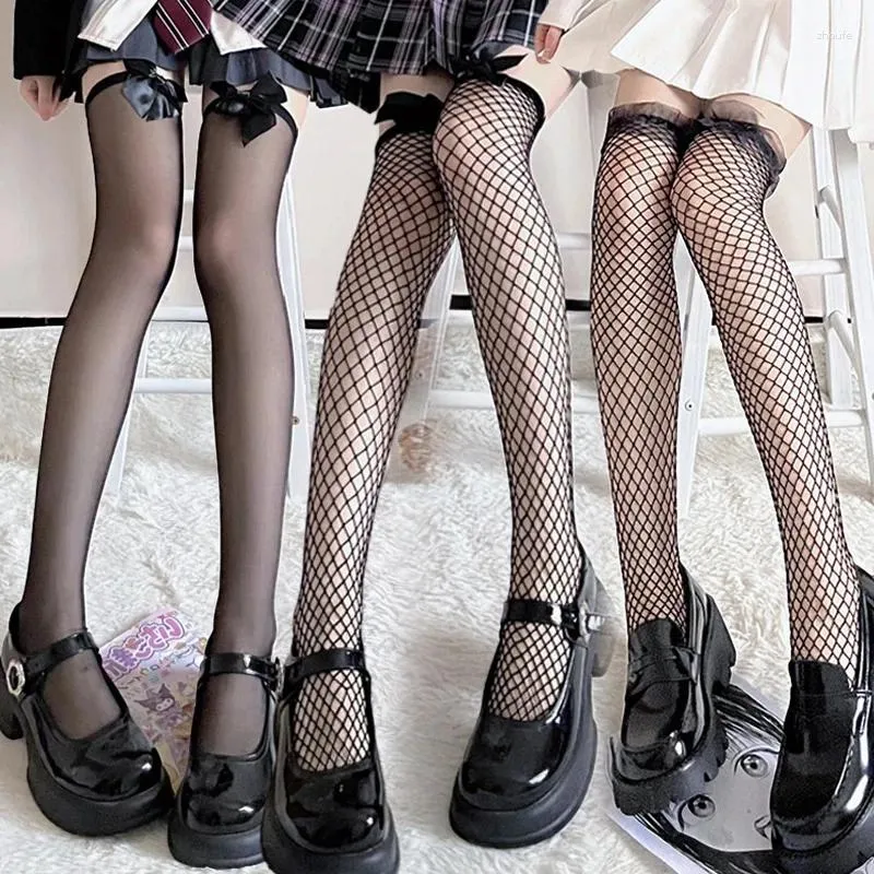 Chaussettes longues en résille pour femmes, noires et blanches, Sexy, au dessus du genou, pour filles, Lolita, nœud papillon, cuisses hautes, gothique, Punk, dentelle, maille, Legging