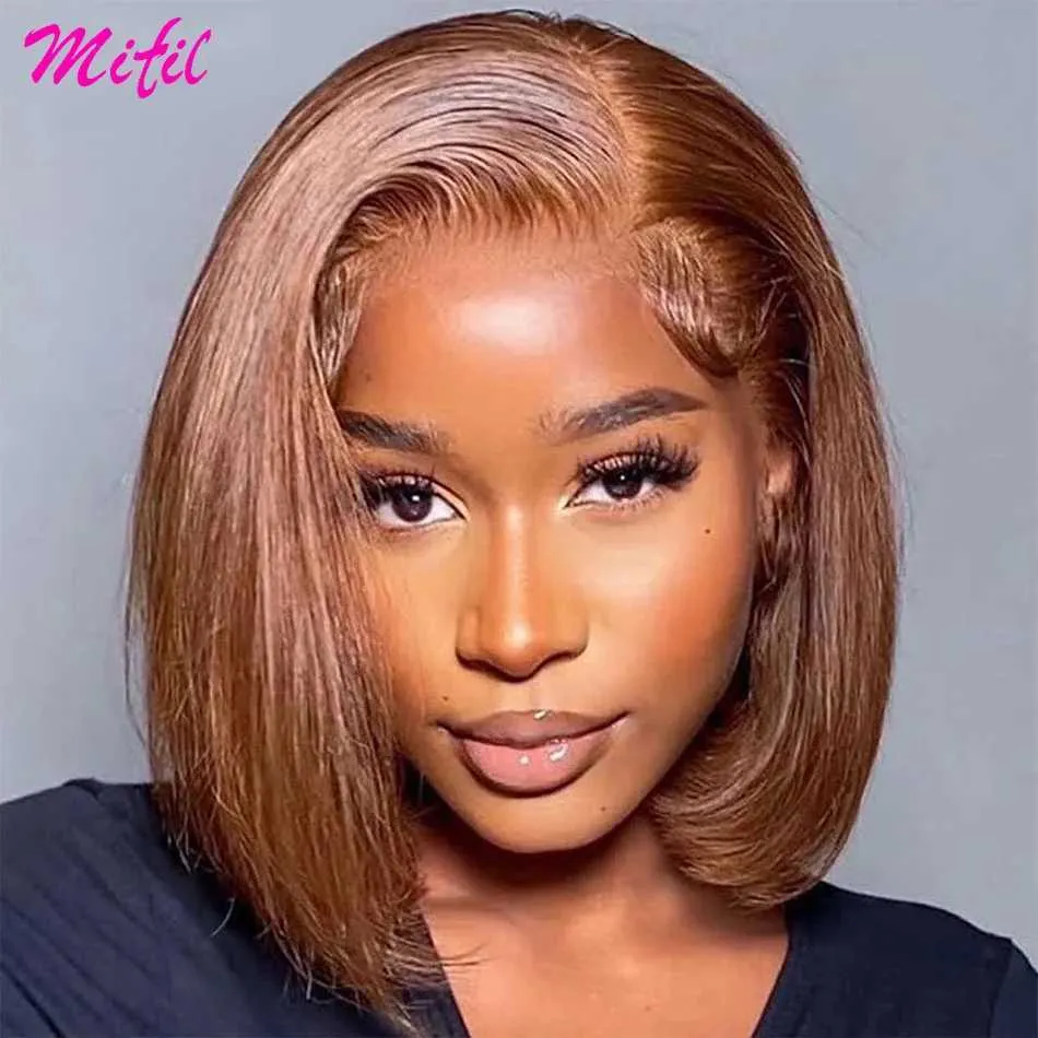 Synthetic Wigs 13x4 Colored Chocolate Brown Lace Front Human Hair Wigs For Women Pre Plucked HD Transparent Lace Frontal Short Bob Wig Glueless 240329