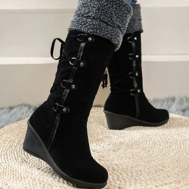 Botas botas de neve feminino sapatos de inverno sapatos de algodão quente joelho de inverno de inverno altos mulheres saltos de cunha botas mais tamanho 42 bota feminina