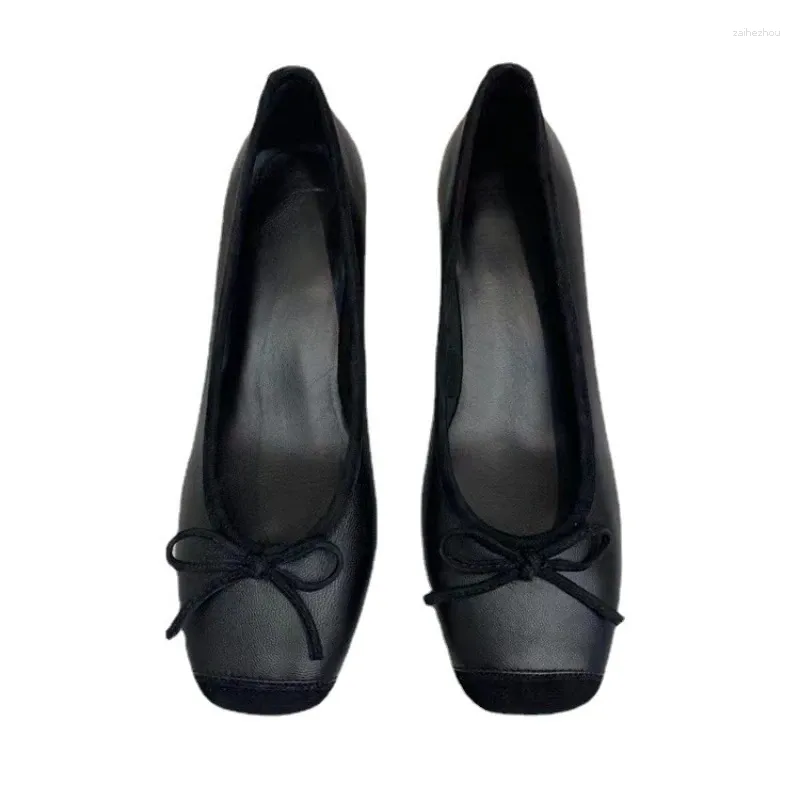 Модельные туфли VII 2024, женские осенние туфли на плоской подошве, женские кожаные туфли на толстом каблуке с круглым носком и бантом на высоком каблуке.
