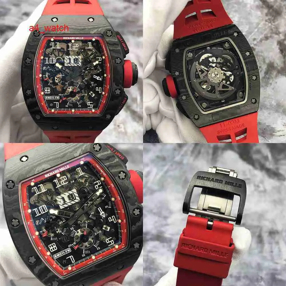 RM Watch Collection Montre en cristal RM011-FM Montre pour hommes NTPT Matériau en fibre de carbone Chronographe creux Montre mécanique Type de baril