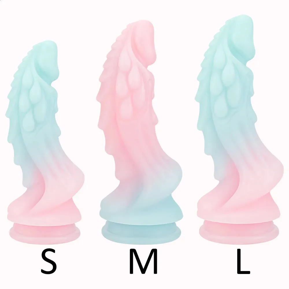 Lindo suave luminoso consolador de silicona enorme anal butt plug dragón vagina masturbación ventosa adultos juguetes sexuales para hombre mujer pareja 240311