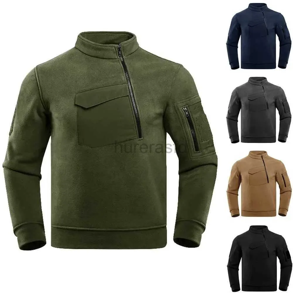 Moletom com capuz masculino, moletom de lã tático de inverno, espesso, quente, militar, com capuz, meio zíper, pescoço, moletom, jaquetas de caminhada ao ar livre 24318