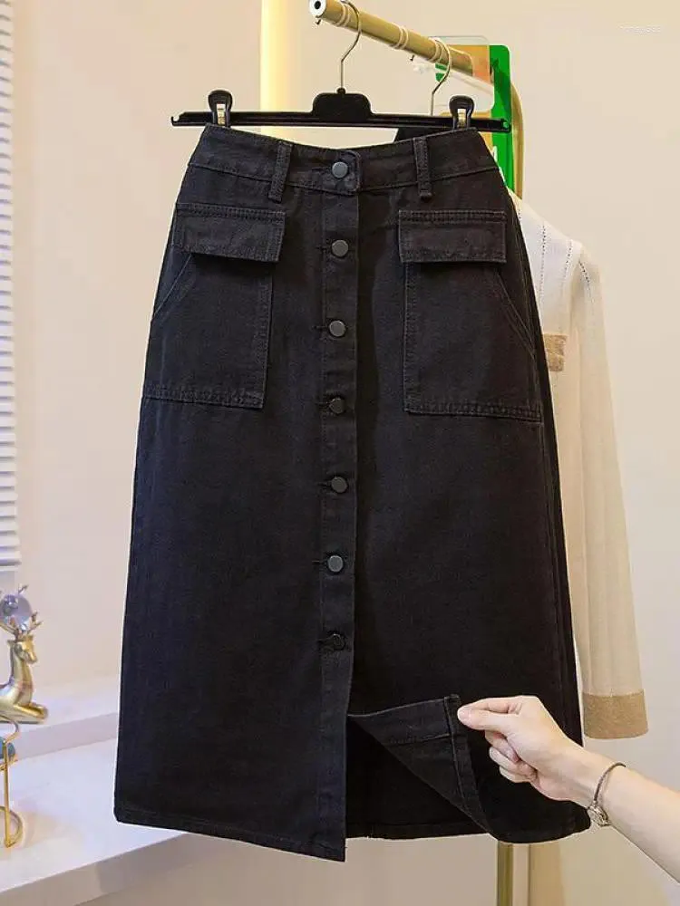 Rokken Mode Herfst Zwarte Denim Rok Vrouwen Hoge Taille Single-breasted Split Vooraan Jean Met Zakken Oversized A-lijn Vintage