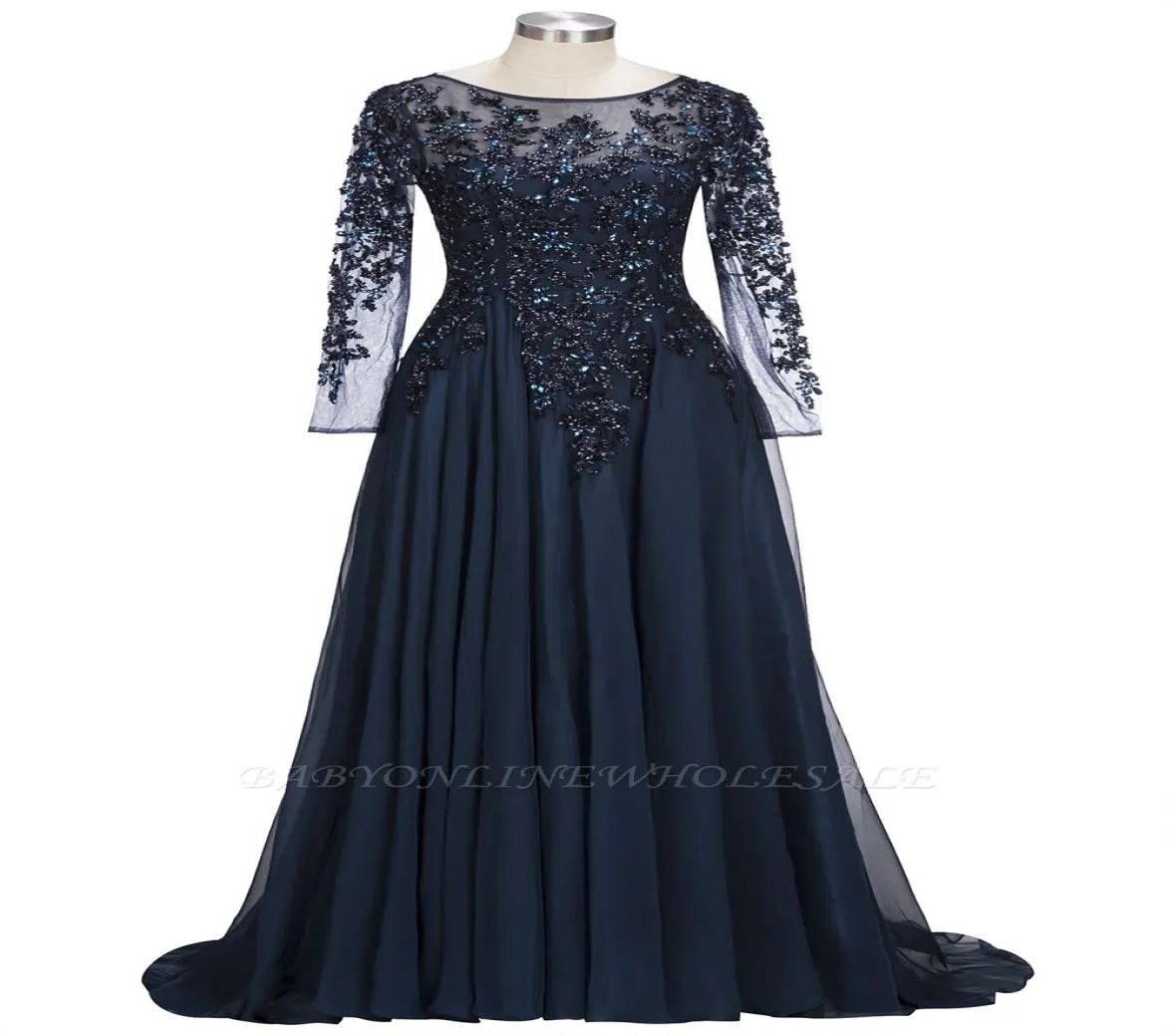 2022 Navy Blue Sheer långa ärmar Chiffon Mother of the Bride Dresses Pärlade stenar Golvlängd Formell fest Kvällsklänningar BA915544543