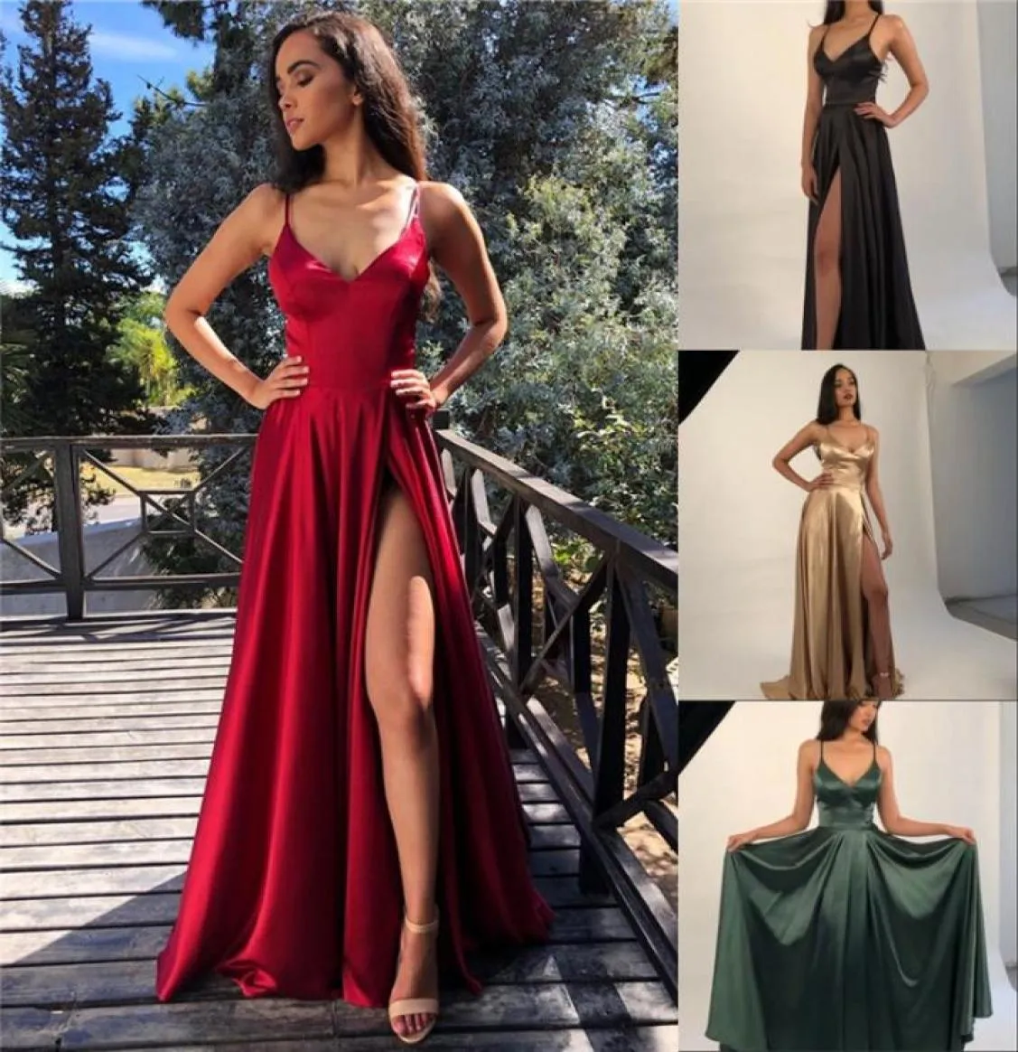 Sexy Spaghetti High Side Split Prom Dresses Cheap Satin Open Back Evening Gown Eleagnt Formal Party Bridesmaid Dress BM15409541037