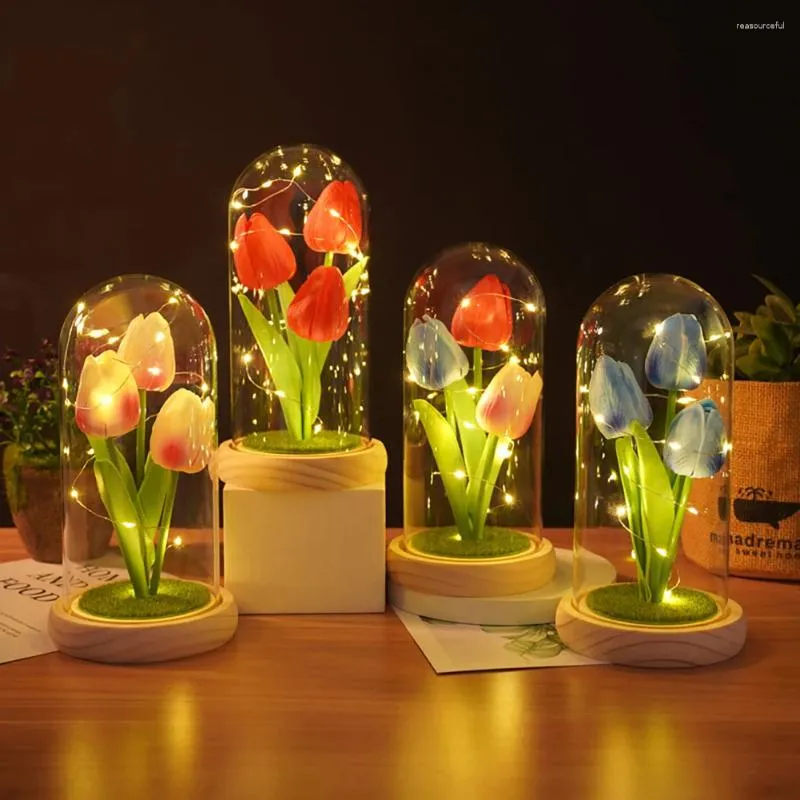 Dekorativa blommor Sweethome Tulip Gift Night Light Födelsedag för kvinnor Barn med konstgjorda blommaglasskyddsdekoration