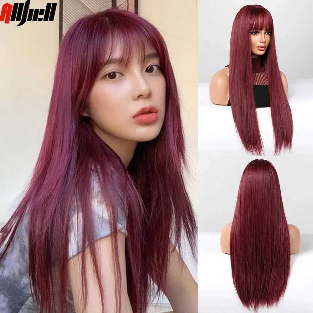 Synthetic Wigs Long Straight Dark Red Synthetic Wig Wine Red Burgandy Hair Colored Cosplay Wigs with Bangs Heat Resistant for Women Halloween 240328 240327