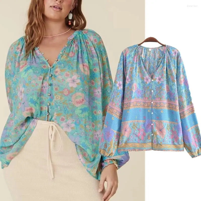 Blusas femininas murchas 2024 verão estilo boêmio vintage floral impressão casual blusa feminina algodão moda férias camisa topos