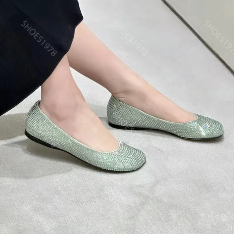 Kledingschoenen voor damesontwerpers Ballet Loafers 43 Luxe kristal Strass Vierkante Tenen Satijnen platte hak comfortabele Dansschoen US5-US12