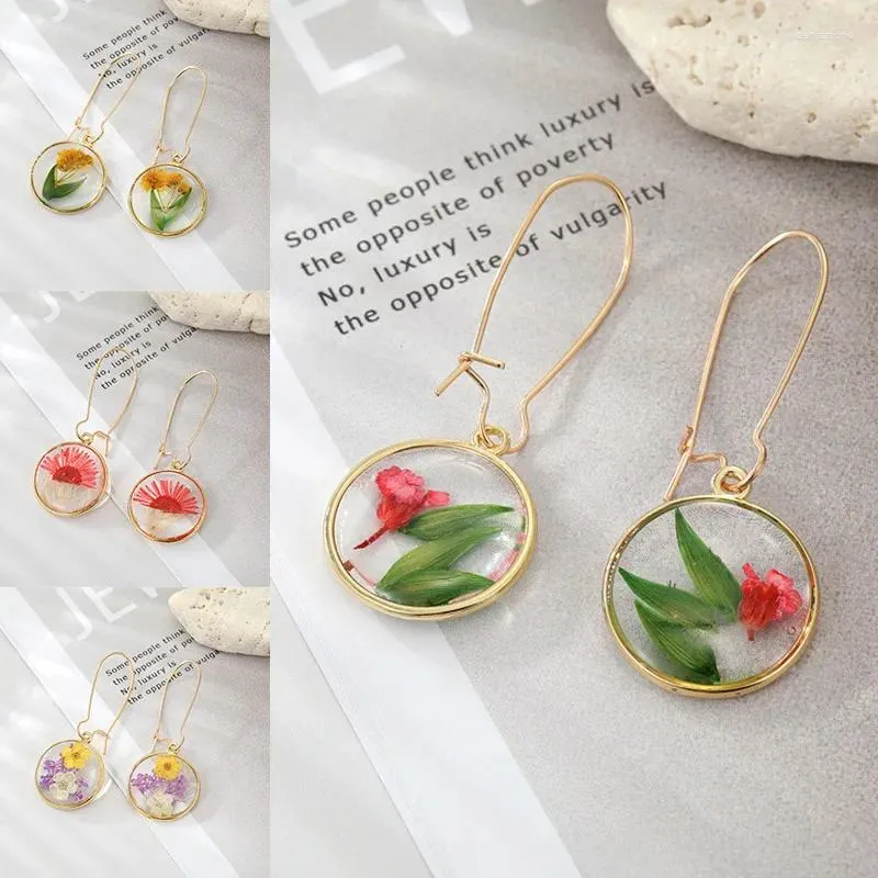 Hoepel Oorbellen Unieke Bloem Dangle Voor Vrouwen Mode Bloemen Drop Earring Transparante Geperste Hars Hanger Sieraden