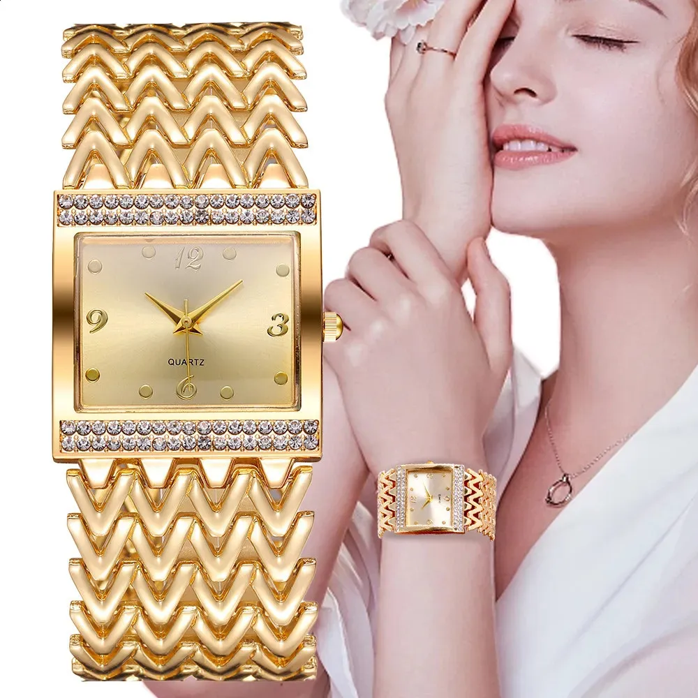 Reloj de pulsera de oro de lujo para mujer, relojes de cuarzo femeninos con diamantes cuadrados simples a la moda, reloj de mujer de acero inoxidable, vestido 240305