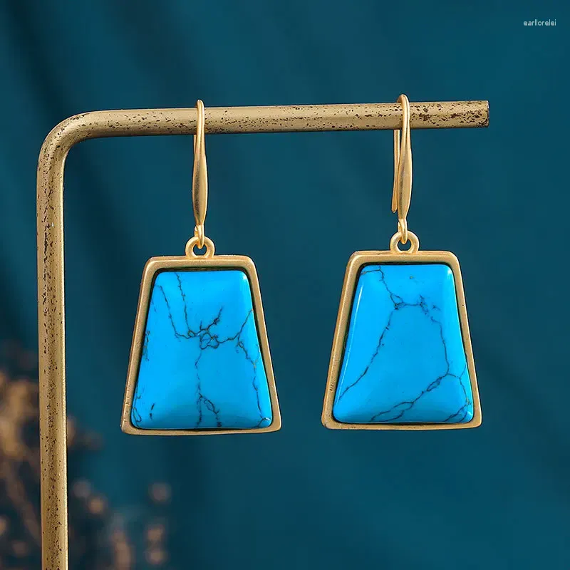 Dangle Earrings Classic Style Ancient Gold Craft Inlaid With Turquoise For Women Simple Square Blue Eardrop Classical Wedding Jewelry