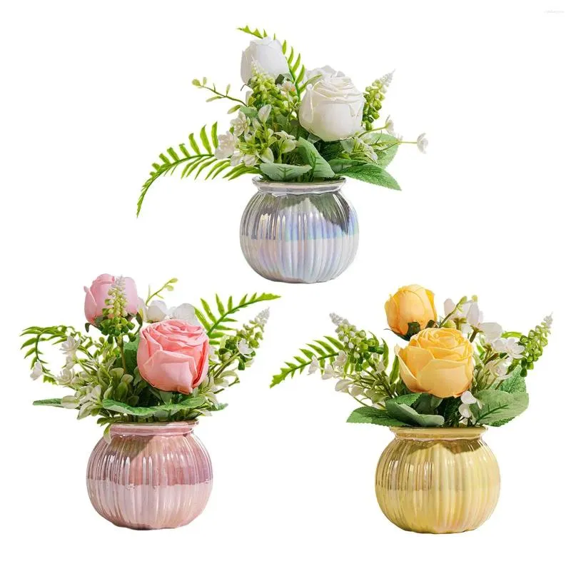 Dekorativa blommor Silk Rose Bouquet Decoration Ceramic Pot Table Centerpiece For Entrance Hall