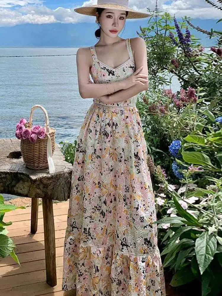 Lässige Kleider Französisch ausgehöhlt Stickerei Blumendruck Slip Langer Sommer Frauen Elegantes dünnes Sommerkleid Koreanische Party Rückenfrei Sexy Club