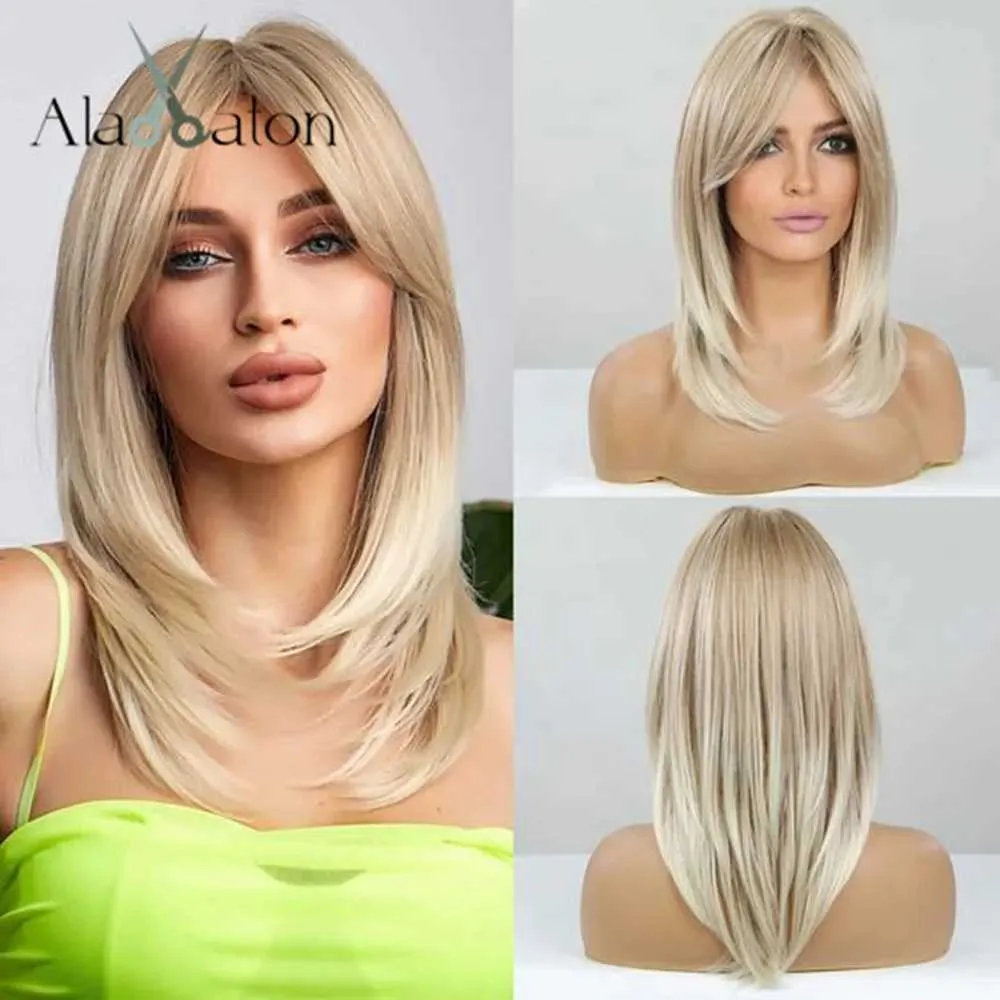 Perruques synthétiques ALAN EATON Perruques longues blondes en couches pour femmes Perruque synthétique avec frange Aspect naturel Cheveux raides à haute température pour le quotidien 240328 240327