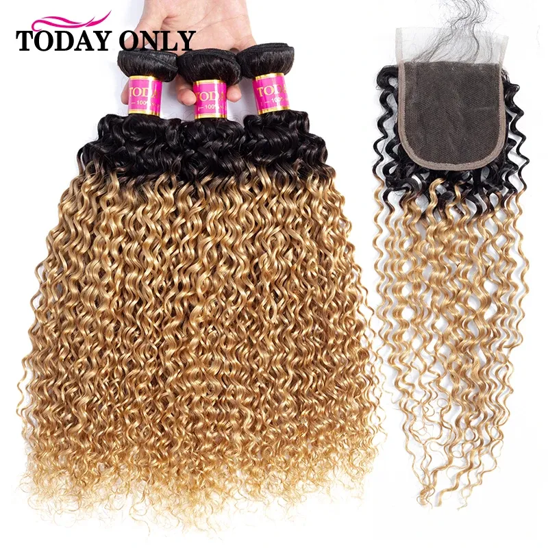 Closure TODAYONLY Brazilian Kinky Curly Hair Bundles With Closure Blonde Bundles With Closure Ombre Human Hair Bundles With Closure Remy