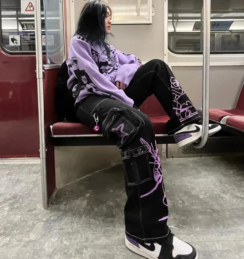 Y2K pantaloni cargo donna ins moda Harajuku jeans di tendenza modelli donna stampati casual streetwear hip hop jeans neri donna 240304