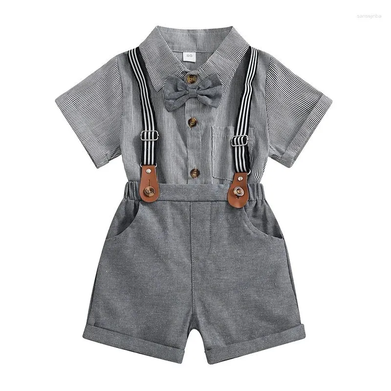 Set di abbigliamento Estate Bambini Bambino Ragazzo Set da gentiluomo Camicia a maniche corte con motivo a righe Pantaloncini con bretelle Abiti