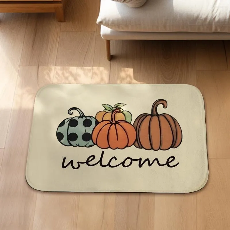 Carpets Cartoon Hand Painted Pumpkin Doormat Super Soft Flannel Carpet For Kitchen Bedroom Non-Slip Decor Floor Door Mat