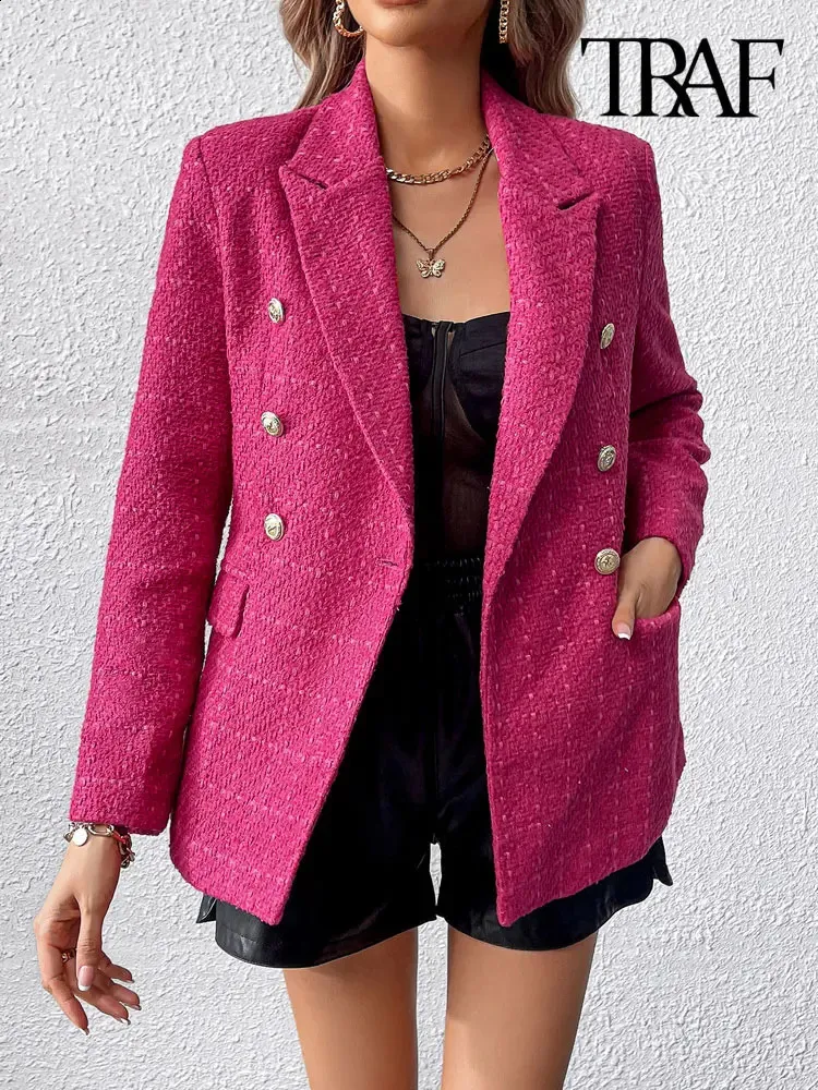 TRAF femmes mode Double boutonnage Tweed Blazer manteau Vintage à manches longues rabat poches vêtements de dessus pour femmes Chic hauts 240301