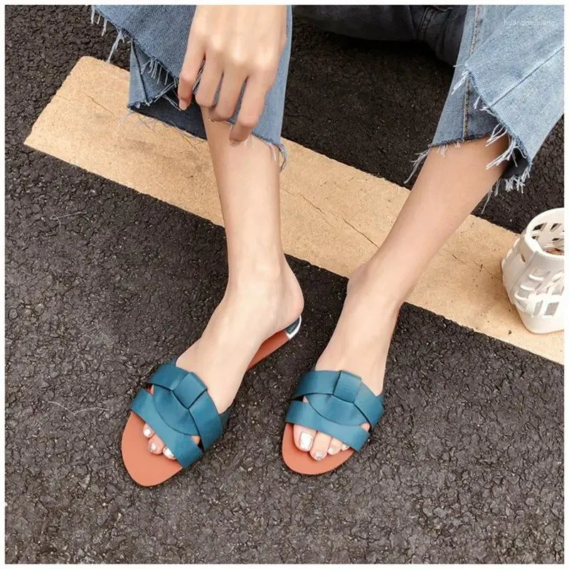 Slippers Women's Flat Bottom Sandals Summer Leather Cross Decoration Flat-Heeled Wine Red Lazy Zapados Mujer